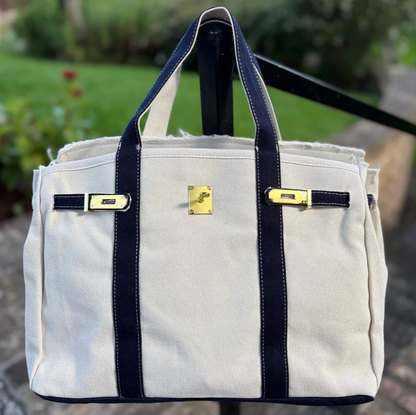 Canvas Tote Bag w/ Gold Buckle Hardware - Navy Trim  