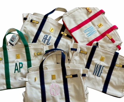 Canvas Tote Bag w/ Gold Buckle Hardware - Green Trim  